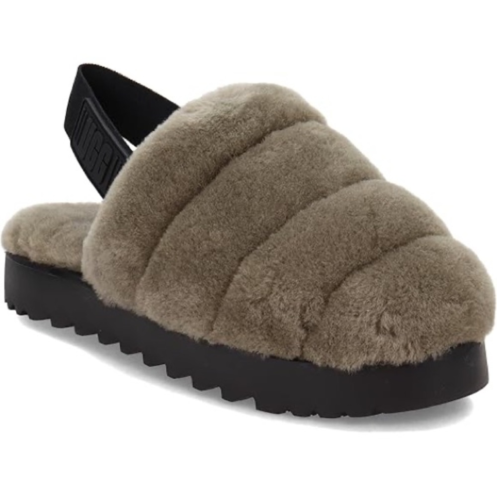 UGG Super Fluff Slippers Olive Green Sherpa & Black Slip On Slippers